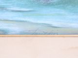 a picture of a painting of a surfer on the beach