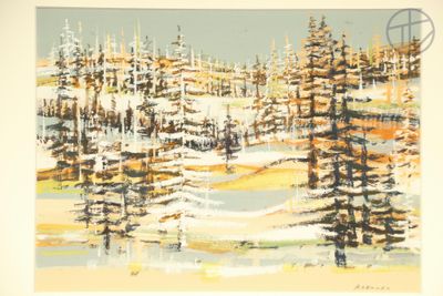 une photo d'un tableau représentant des arbres sous la neige