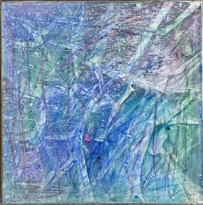 painting of a blue and green abstract painting with a red umbrella