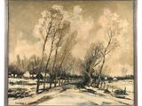 a painting of a snowy landscape with trees in the foreground
