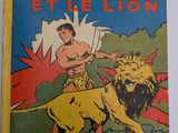 un vieux livre pour enfants avec l'illustration d'un homme chevauchant un lion
