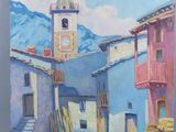 tableau représentant une petite ville avec une tour horloge en arrière-plan