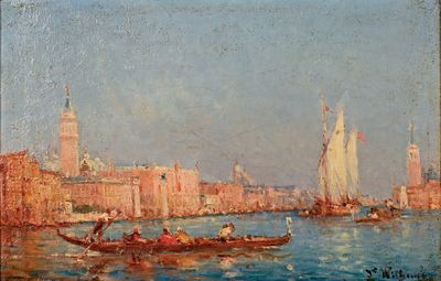 une peinture à l'huile représentant des bateaux sur l'eau, avec des bâtiments en arrière-plan