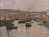 a painting of boats in a harbor with a city in the background