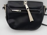 a black leather cross body bag with a silver zipper