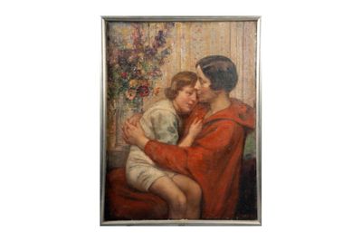une peinture représentant une femme tenant un enfant sur ses genoux