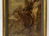 an old painting of a man riding a horse with a woman on it