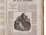 an old newspaper with a picture of a man in a fur coat