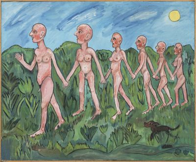 painting of a group of alien men walking in a line