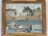 une peinture à l'huile représentant un bateau sur un plan d'eau avec des bâtiments à l'arrière-plan