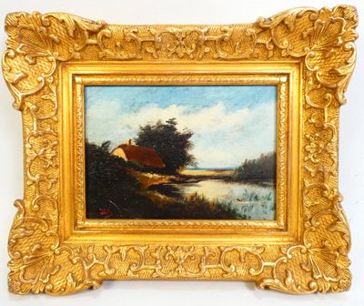 an image of a painting of a landscape with a red umbrella