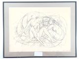 framed drawing of a couple of nudes sitting on a couch