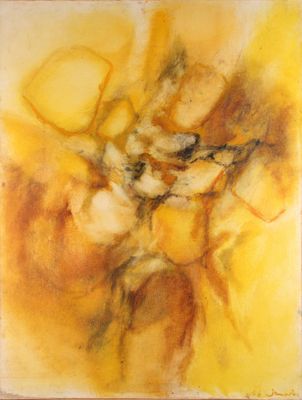 un tableau représentant un tableau jaune et marron accroché au mur