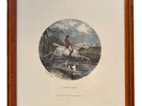 an image of a picture of a man riding a horse with a dog in the foreground