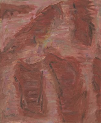 une peinture à l'huile représentant un cheval debout devant un mur rouge