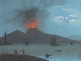 une peinture représentant un volcan au loin, avec des personnes debout dans l'eau