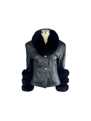 black leather jacket with fur collar and cuffs