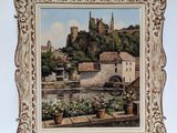 an old picture of a painting of a town with a castle in the background