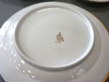 a white plate with a gold rim on a table