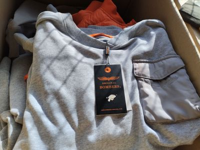 a box full of clothing that is sitting on the floor