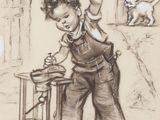 dessin représentant un jeune garçon travaillant sur une table avec un marteau