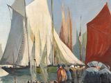 a painting of a group of people standing on a pier