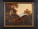 a painting of a mountain scene with cattle and trees in the foreground