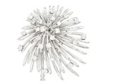 silver plated flower brooch with clear crystals on a white background