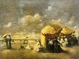 painting of a group of people sitting on a beach under umbrellas
