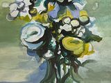 a painting of flowers in a vase on a table
