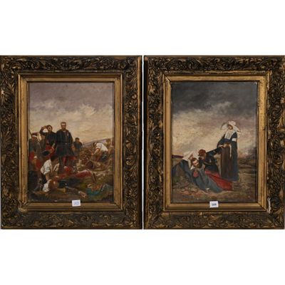 paire de peintures à l'huile françaises du XIXe siècle représentant la bataille de Waterloo