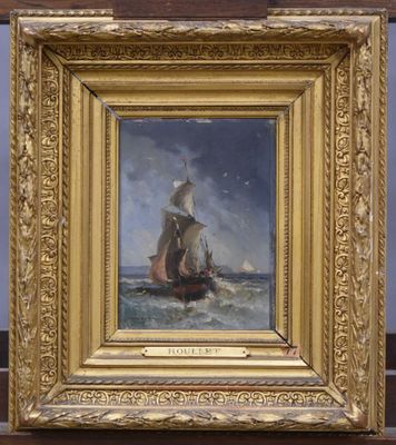an oil painting of a sailboat in a body of water