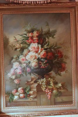 a picture of a painting of flowers in a vase on a table