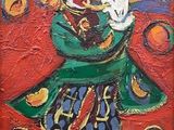 tableau représentant un clown portant un chapeau de clown et une robe verte