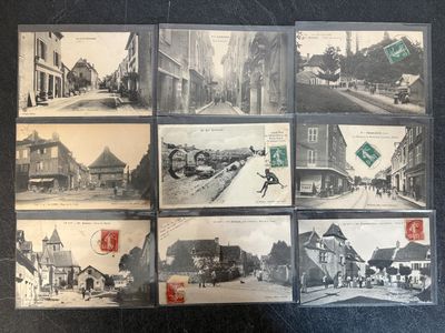 several old black and white photos of a street with buildings