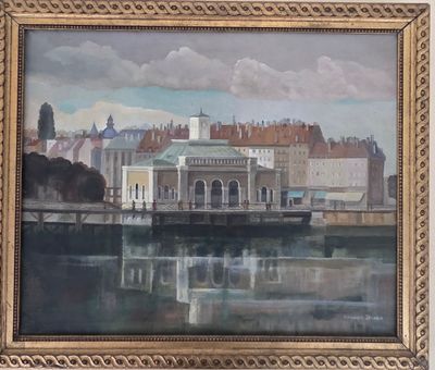 une peinture à l'huile représentant une vue de la ville depuis l'autre rive du fleuve