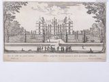 an old drawing of a castle with a fountain in the middle of it