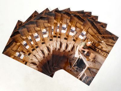 a lot of photos of a man working on a building