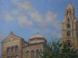 a painting of a church with a clock tower in the background