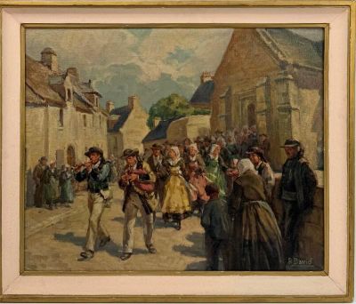 tableau représentant un groupe de personnes marchant dans une rue, près d'un immeuble