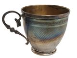 a silver cup with a handle on a white background