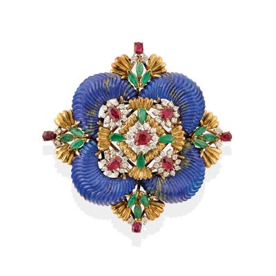 broche bleue et dorée ornée de pierres rouges, vertes et blanches