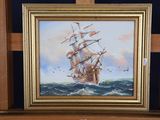 a picture of a painting of a ship in the ocean