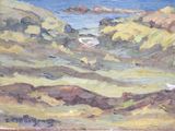 an oil painting of a landscape with a body of water in the distance
