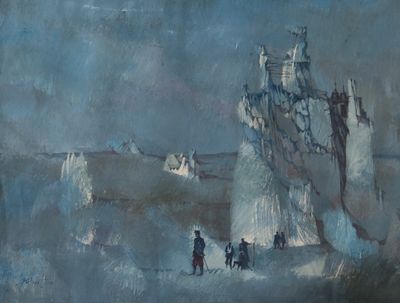 tableau représentant des personnes debout devant un iceberg dans la neige