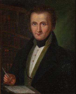 a painting of a man in a black coat holding a pen and paper