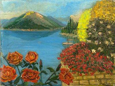 tableau représentant une vue sur un lac avec une montagne au loin