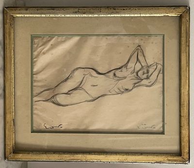 dessin représentant une femme nue allongée sur le dos, dans un cadre doré