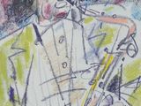 painting of a man playing a saxophone in a green jacket