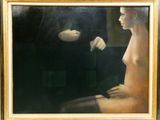 un tableau représentant une femme assise sur une chaise, les mains posées sur ses genoux